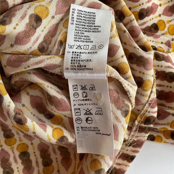 H&M Womens Dress Size 8 Short Shift Mustard Abstract 3/4 Sleeve Ruffle Pockets - Picture 11 of 14